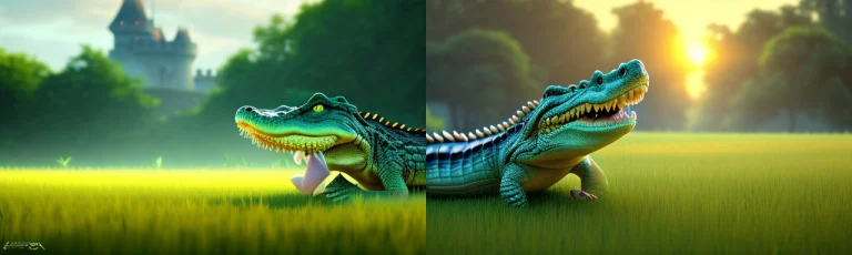 A Crocodile Running In Grass Field, Castle Faraway In Horizo...