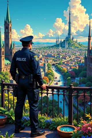 A Police Force Watching Over The City Beautiful Landscape, D... — Stable Diffusion AI Prompt: A police force watching over the city beautiful landscape, day, woman, very intr...