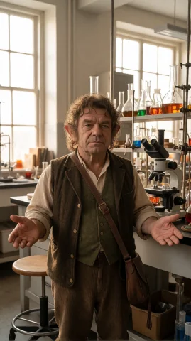 Stable Diffusion Halfling in Lab — Stable Diffusion AI Prompt: hbbt halfling man, chest-up, eye-level, hands open palms up, neutral expression,...