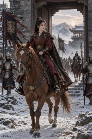 中远距离骑马场景，一名年轻中国女子骑着栗色马匹穿过石砌城门，... — Stable Diffusion AI Prompt: 中远距离骑马场景，一名年轻中国女子骑着栗色马匹穿过石砌城门，身体端坐马鞍，腰背挺...