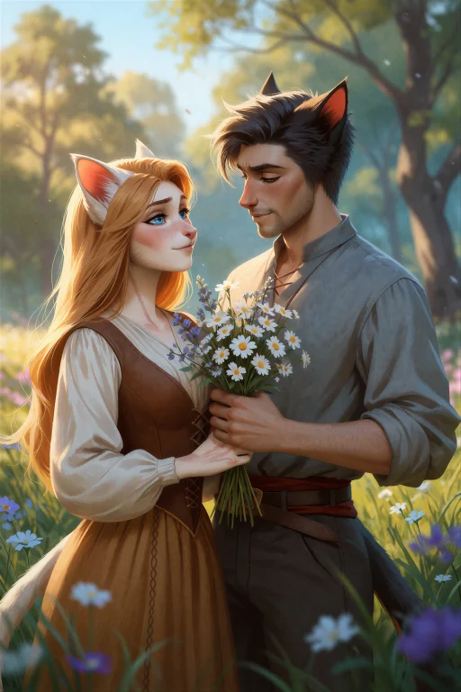 R1lisit1ka, An Anthro Cat Couple Gathering Wildflowers Toget...