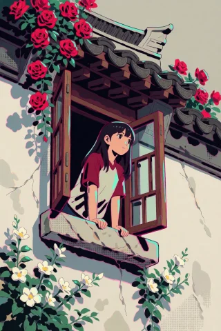 In The Style Of Datcravat, A Young Girl With Long Dark Hair... — Stable Diffusion AI Prompt: in the style of datcravat, a young girl with long dark hair leans forward from a...