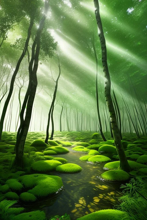 Summer Algae Forest, Outdoors, Lush Trees, Light Shafts