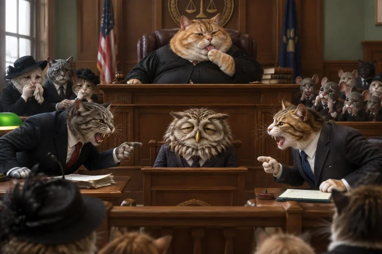 Group Of Cats In A Suit Sitting In Court, Debating Or Arguin...