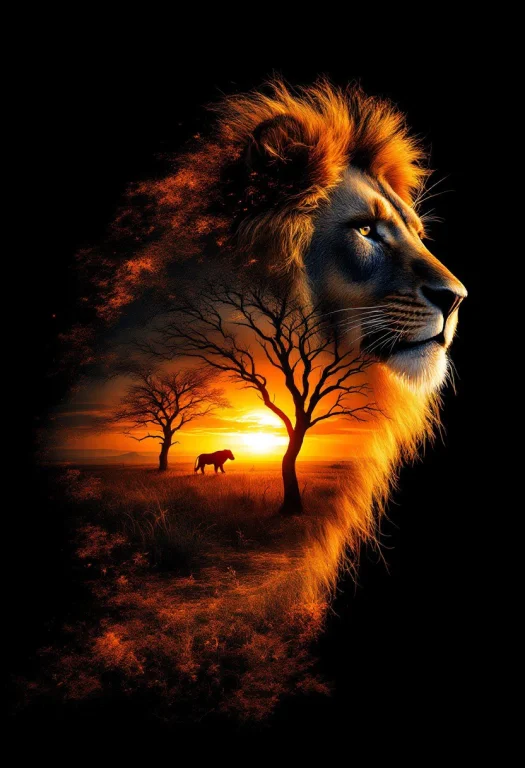 Savanna Sunrise, Double Exposure, Silhouette Lion, Beautiful...