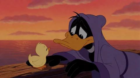 Sunny Duck and Chicks Prompt — Stable Diffusion AI Prompt: fnts2000, A duck in a purple hooded robe leans forward with a gentle, sorrowful...