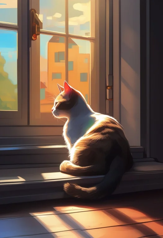 A Cat Asleep On A Sunlit Windowsill, Digital Painting, Low K...