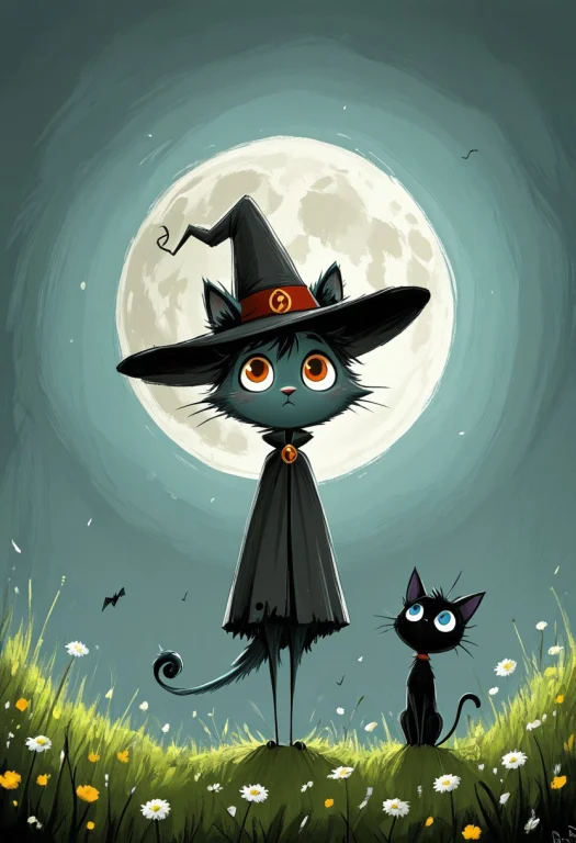 Black Cat, Flying On Broomstick, Midnight, Full Moon, Yellow...