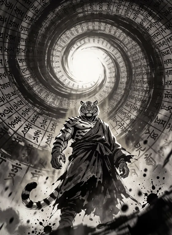 A Monumental, Low-angle Cinematic Ink Wash Painting Of A Mus...