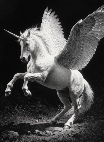 Black and White Alicorn Woodcut Illustration — Stable Diffusion AI Prompt: A black-and-white, highly detailed illustration in the style of a vintage woodcu...
