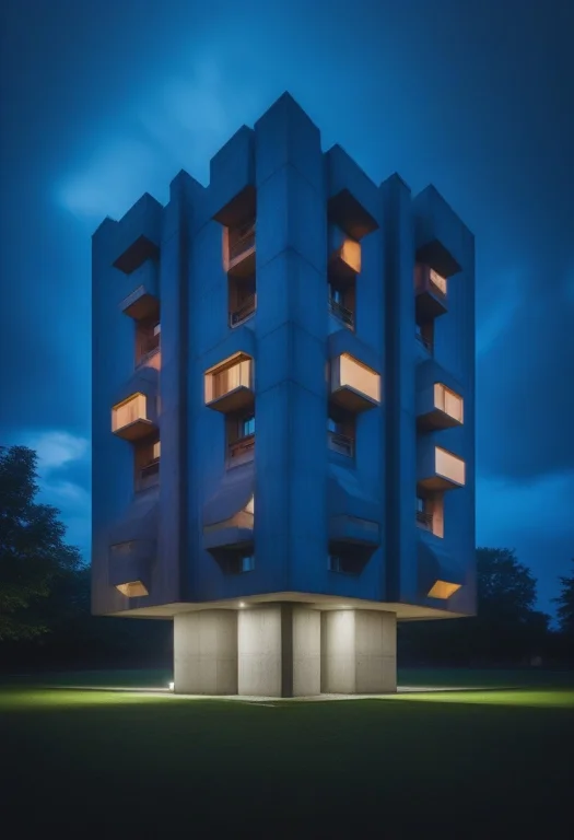 A Brutalist Concrete Housing Block At Dusk, Blue Hour, Bokeh...