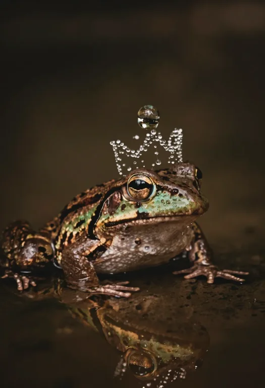 Create A Photorealistic Image Of A Frog Emerging From Dark,...