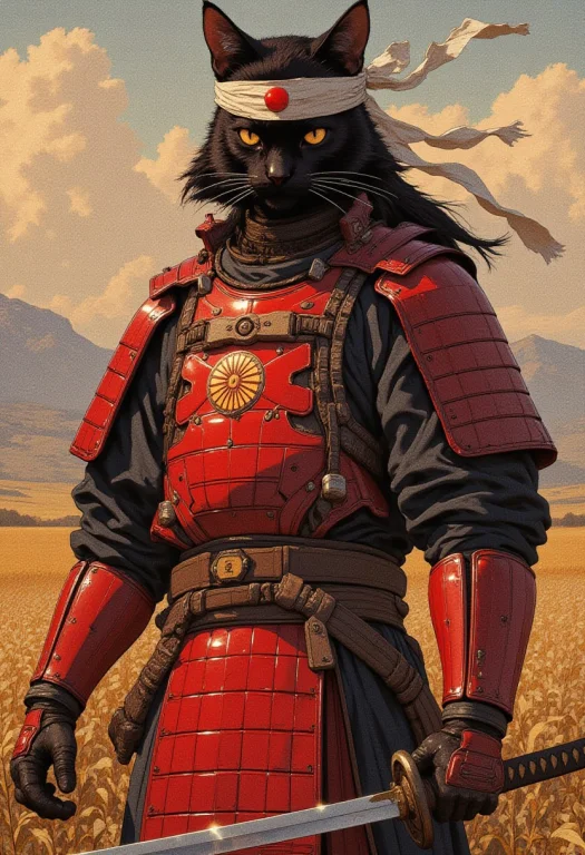 A Humanoid Black Cat Wearing Red Samurai Armor. He Is Wearin...