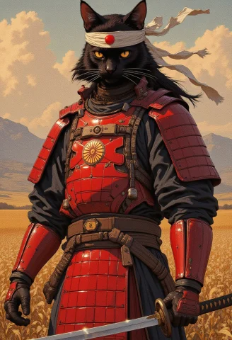 A Humanoid Black Cat Wearing Red Samurai Armor. He Is Wearin... — FLUX AI Prompt: A humanoid (black cat) wearing red samurai armor. He is wearing a white headband...