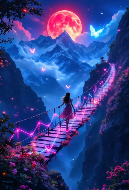 Mega Beautiful Neon Butterfly Suspension Bridge On The Night...