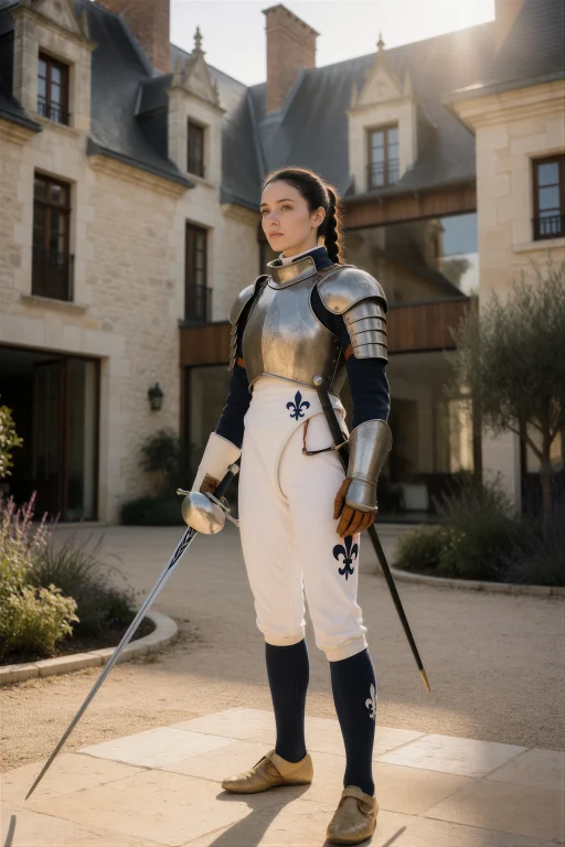 A Cinematic Photograph, A French Female Fencer-knight In Her...