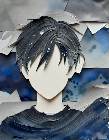 A Single Human Figure With Textured Dark Hair Featuring Glos... — Stable Diffusion AI Prompt: A single human figure with textured dark hair featuring glossy black drips of vi...