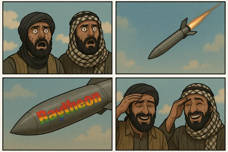 4 Panel Comic, First Panel, Two Middle Eastern Insurgents Lo...