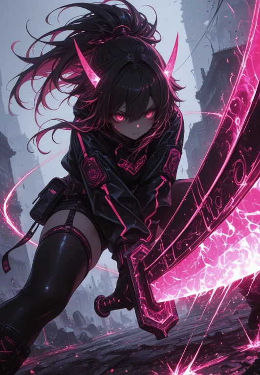Lazypos, 1girl, Huge Weapon,sword, Two-handed,solo, Fighting...