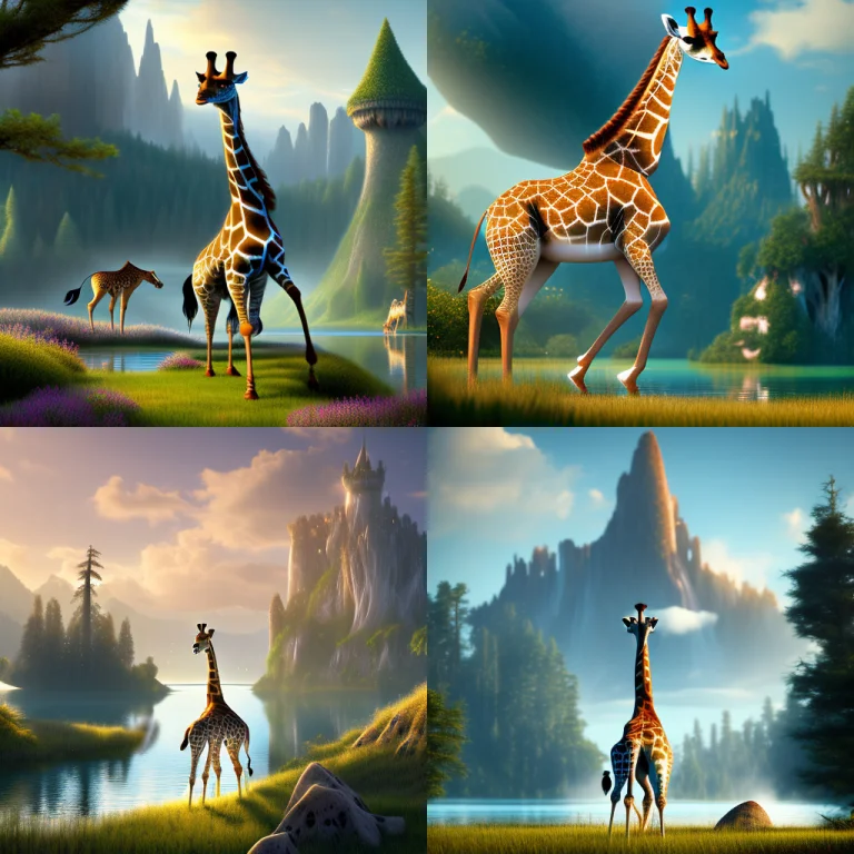 A Giraffe Running In A Lake Castle Faraway In Horizon, Carto...
