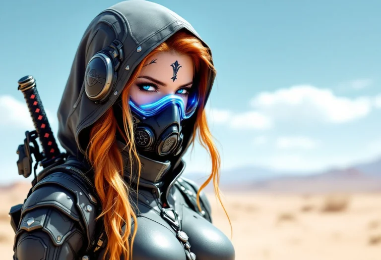 Futuristic Beauty, Long Blonde Reddish Hair, Glowing Ice Blu...