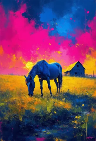 A Solitary Horse, Bathed In The Electric Glow Of A Surreal S... — Stable Diffusion AI Prompt: A solitary horse, bathed in the electric glow of a surreal sunset, grazes amidst...