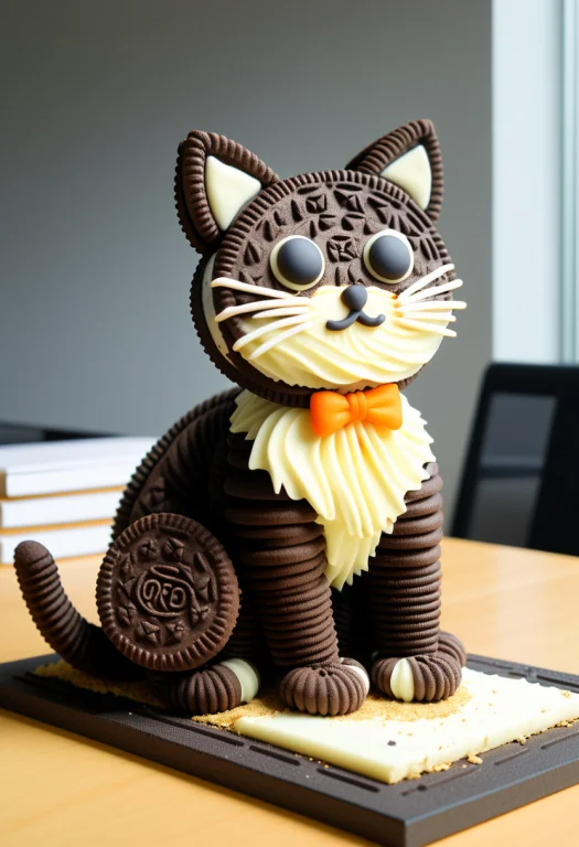 Cat Made Of Creamy Cookies, Set In A Site Office, With Tempo...