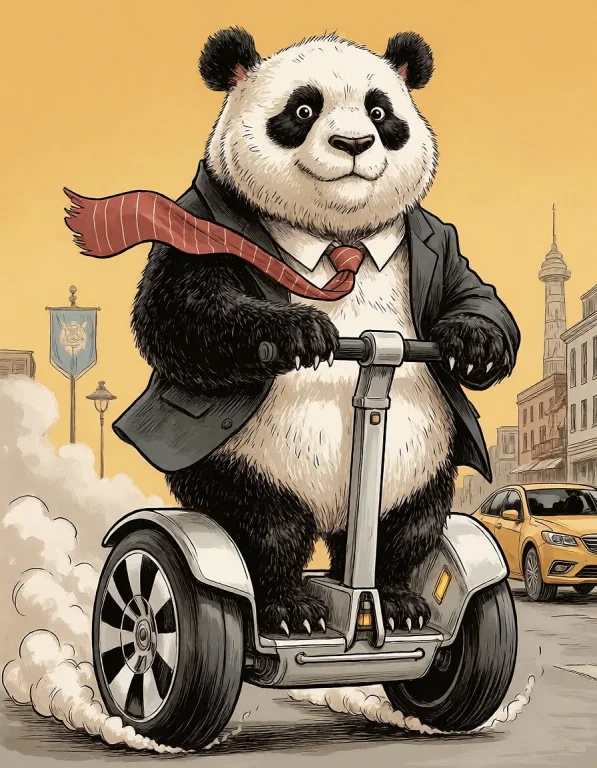 The Panda In A Segway A Vintage Comic Caricature Of A Round,...