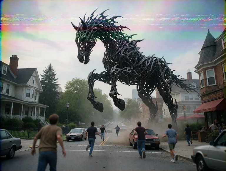 Giant Horse Monster Attacking City. Black Filigree Monster....