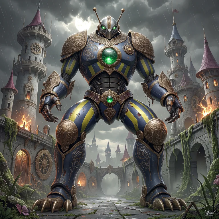 Giant Ancient Robot. Dark Blue And Yellow Green Stripes And...