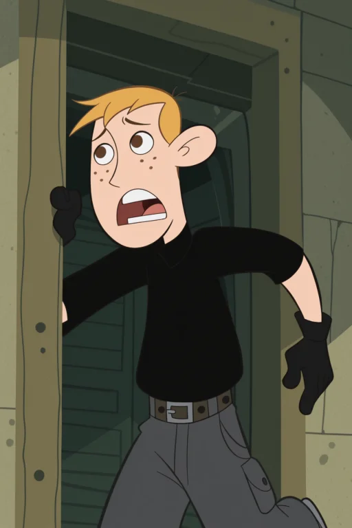 Ron Stoppable, Blonde Hair, Brown Eyes, Freckles, Black Shir...