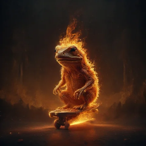 A Very Cute Frog Made Entirely Of Flame, Riding A Skateboard... — SDXL AI Prompt: a very cute frog made entirely of flame, riding a skateboard made of densely lay...