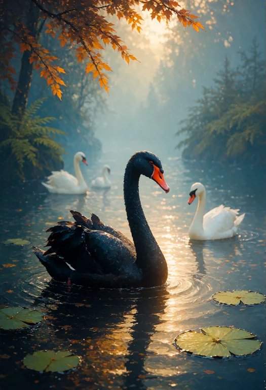 Whimsical Painting Of A Cute Black Swan Gracefully Gliding O...