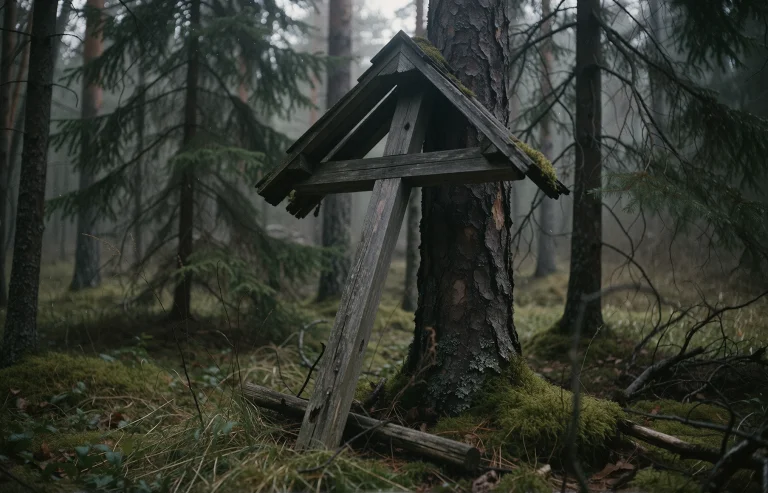 A Weathered Wooden Cross Leans Heavily Against A Thick Pine...