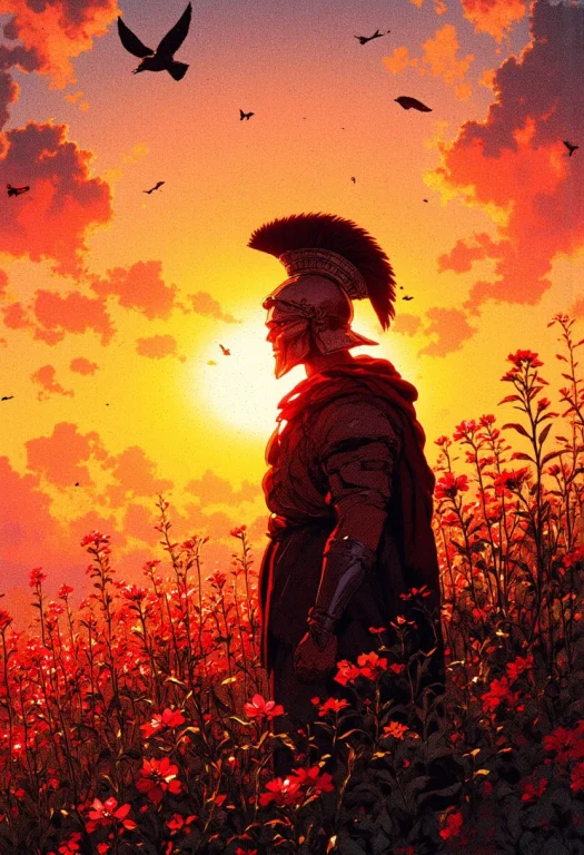 Image Of A Spartan Warrior Standing In A Field Of Wildflower...