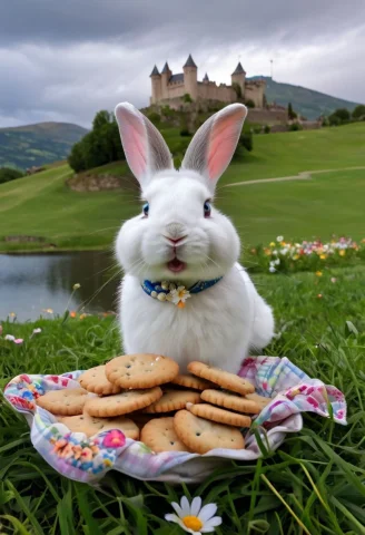 A White Dwarf Rabbit With Blue Eyes And Small Ears With A Fl... — SDXL AI Prompt: A white dwarf rabbit with blue eyes and small ears with a flower foulard and a p...