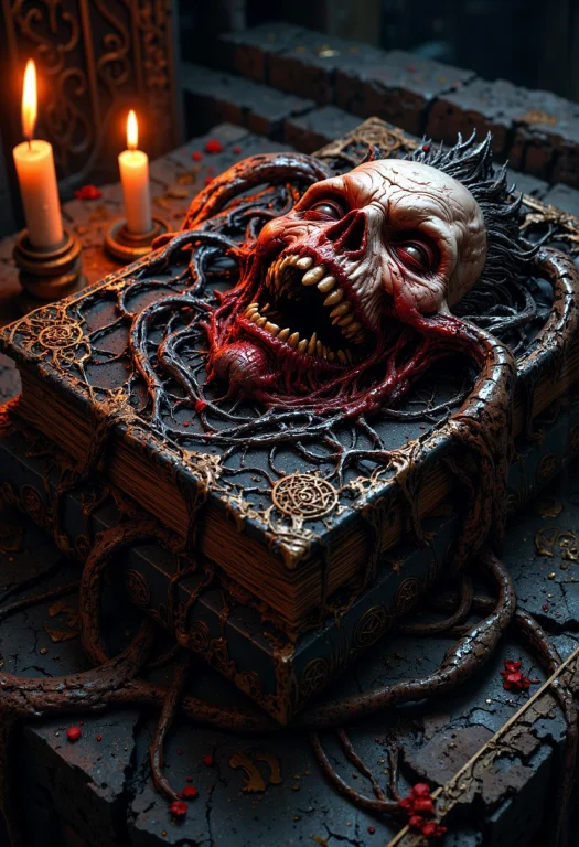 Cinematic Photo, Medium Close Up Of A Twisted, Ancient Book...