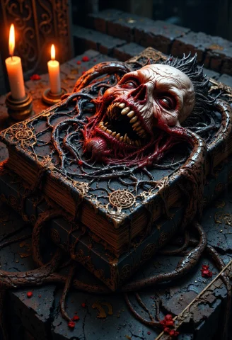 Cinematic Photo, Medium Close Up Of A Twisted, Ancient Book... — FLUX AI Prompt: Cinematic photo, medium close up of a twisted, ancient book resembling the Necro...