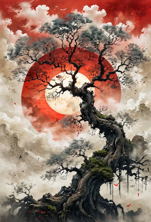 Old Tree, A Detailed Illustration Muted Chinese Ink Painting...