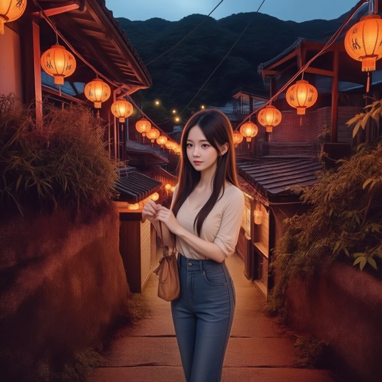 Jiufen Old Street, 1girl, Solo, A Relaxed Afternoon Stroll T...
