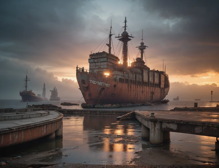 Cinematic Film Still Cyberpunk Cityscape Abandoned Harbour A...