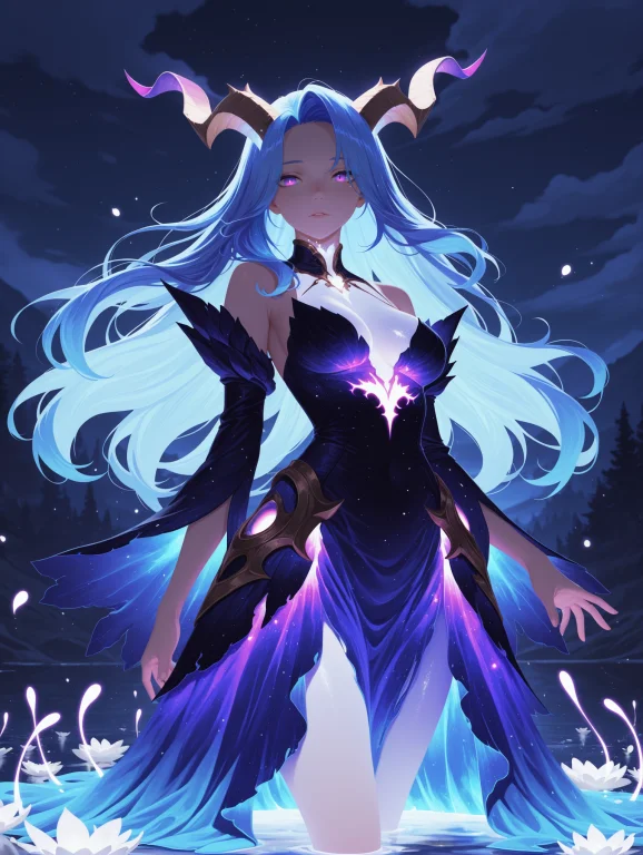 1girl, Horned, Swamps, Luminescent Blue Hair, Purple Eyes, E...