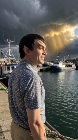 Rmlnml Alien Man, Chest-up, Eye-level, Standing At Dock, Gaz... — Stable Diffusion AI Prompt: rmlnml alien man, chest-up, eye-level, standing at dock, gazing right, smiling,...