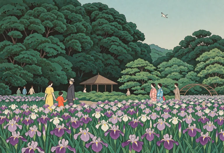 A Serene Woodblock-style Print Depicts Visitors Strolling Th...