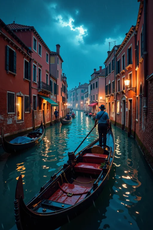 Canals Of Venice, Gondolier Beautiful Landscape, Rain And St...