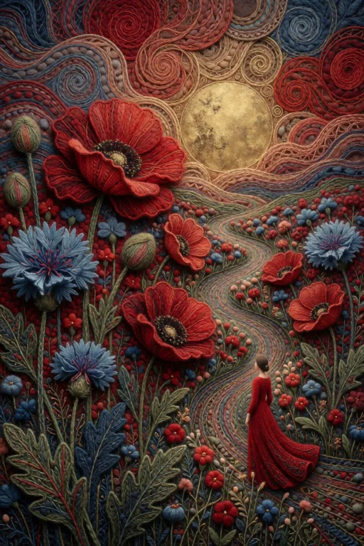 A Tiny Elegant Woman In A Long Flowing Red Dress Stands At T...
