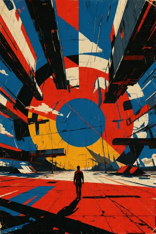 Contemporary Neo-pop Bauhaus Poster, A Solitary Young Man Wa... — Stable Diffusion AI Prompt: Contemporary Neo-Pop Bauhaus poster, a solitary young man walking across a vast...