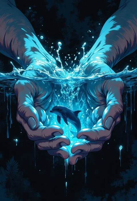 Create A Photorealistic Close-up Of Two Hands Clasping Ocean...