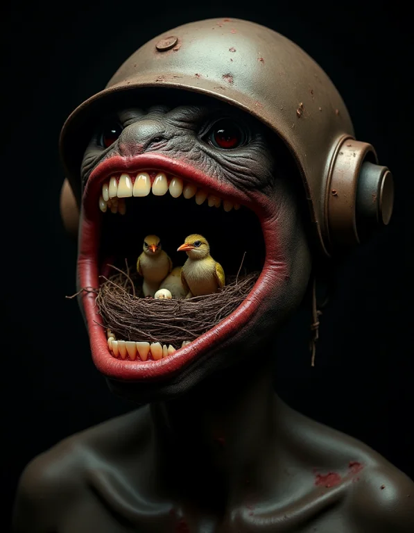 Portrait Of A Dark-skinned Creature With Distorted Open Mout...