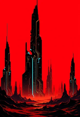 Inkpunk Anime, Inksketch In Red And Black Of Towering, Enigm... — FLUX AI Prompt: Inkpunk Anime, inksketch in red and black of towering, enigmatic structures risi...